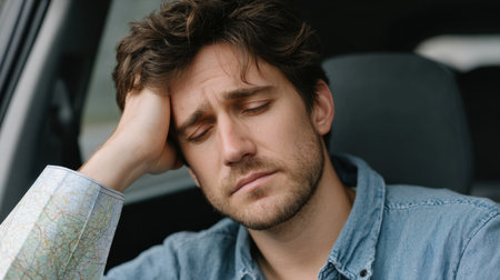 A young man displays a deep sense of frustration and exhaustion while sitting in his car, holding his head and contemplating his journey with a map beside him.の素材