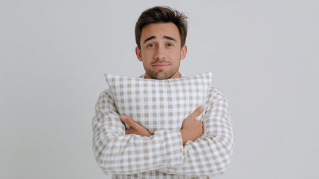 A young man in plaid pajamas embraces a decorative pillow while smiling warmly. This scene captures a cozy indoor moment, perfect for conveying relaxation and comfort.の素材