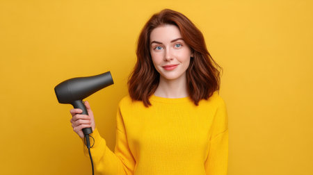 A smiling young woman holds a hairdryer confidently against a bright yellow backdrop, showcasing her vibrant outfit and a love for hairstyling.の素材