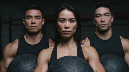 Three athletic individuals, one man and one woman in the foreground, showcase strength and focus while holding heavy exercise balls in a dark gym setting.の素材
