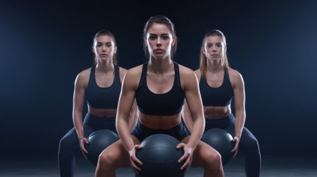 A strong fitness woman showcases her strength and focus as she performs an exercise with a medicine ball in a dramatic studio setting.の素材