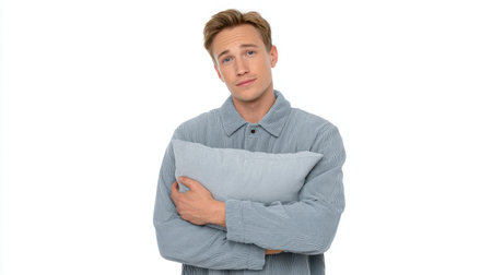 A young man with light brown hair is holding a soft pillow, displaying a thoughtful expression in a minimalistic setting, evoking feelings of comfort and relaxation.の素材