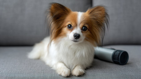 This endearing image features a small dog resting on a cozy couch, exuding a calm demeanor while a grooming tool sits nearby. Perfect for animal lovers!の素材
