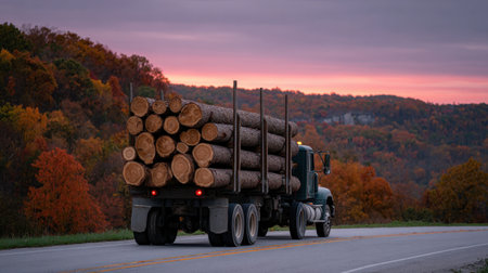 A log truck transporting freshly cut timber drives along a winding road, surrounded by vibrant autumn foliage and a beautiful sunset sky.の素材