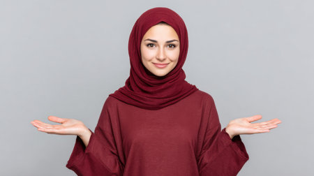 A young woman wearing a red hijab smiles confidently while gesturing with her hands against a smooth gray background, representing inclusivity and positivity.の素材