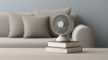 A modern fan sits elegantly on stacked books in a cozy living room, complemented by soft pillows on a plush sofa, creating a serene atmosphere.の素材