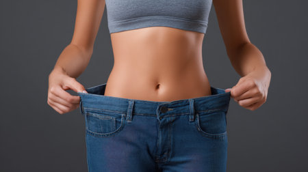 A person displays a remarkable transformation by holding up oversized jeans, symbolizing weight loss success and a commitment to a healthy lifestyle.の素材