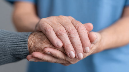 This image captures a touching moment of connection between hands of different ages, symbolizing care, compassion, and the bond shared in nurturing relationships.の素材