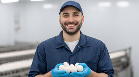 A cheerful male worker proudly holds a group of fresh eggs in a modern food processing facility, symbolizing quality and commitment to health standards in agriculture.の素材