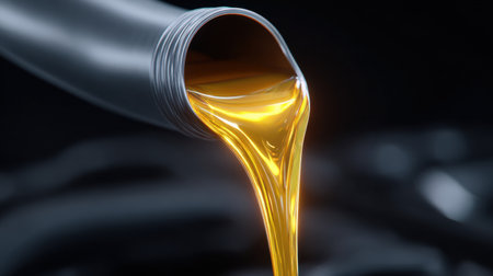 This close-up image features golden motor oil flowing smoothly from a tube against a dark background, emphasizing its essential role in automotive maintenance and technology.の素材