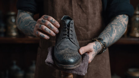 A skilled artisan showcases a vintage leather shoe restoration, hands adorned with tattoos, in a cozy workshop filled with tools and materials.の素材