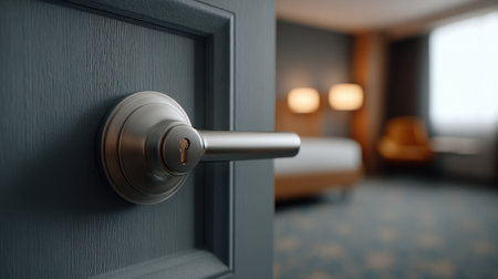 A detailed close-up of a hotel door handle featuring a classic keyhole, set against a softly blurred hotel room interior that evokes comfort and tranquility.の素材
