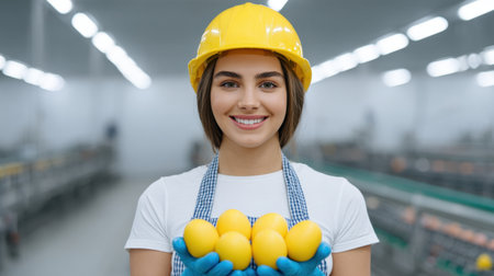 A cheerful woman in a hard hat and gloves holds freshly harvested eggs, showcasing a commitment to quality in an industrial agriculture setting.の素材