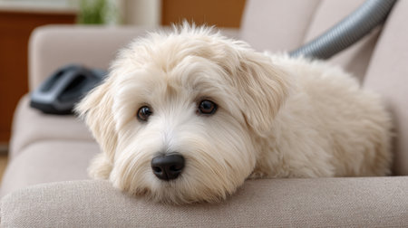 A cute fluffy dog relaxes on a cozy couch in a well-decorated living room, showcasing a serene moment amidst a home cleaning setup.の素材
