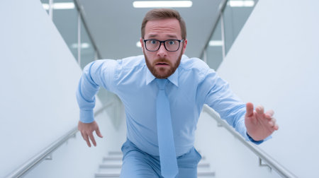 A determined businessman in a light blue suit sprints up the stairs with a look of surprise in a sleek urban office, capturing the essence of professional urgency.の素材