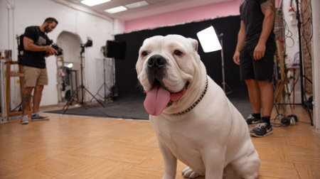 A charming white bulldog sits patiently in a photography studio, surrounded by people and equipment, showcasing a warm and inviting atmosphere perfect for pet portraits.の素材