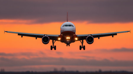 A striking image of an airplane approaching for landing against a vibrant sunset backdrop. The warm colors and dramatic clouds enhance the aviation scene.の素材