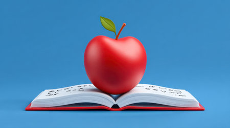 A vivid red apple sits atop an open book against a bright blue background, symbolizing education, knowledge, and the joy of learning.の素材