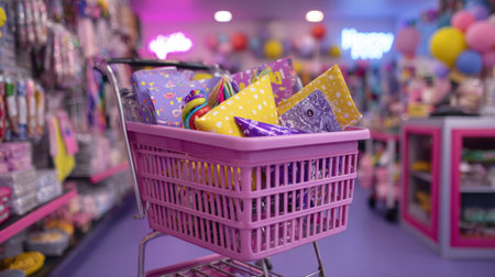 A vibrant shopping basket brimming with colorful gift wrap and decorative items, set against a bright retail store background, radiates a joyful atmosphere.の素材