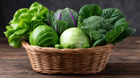 A woven basket filled with a variety of fresh green vegetables, including lettuce, cabbage, and broccoli, showcasing healthy eating options.の素材