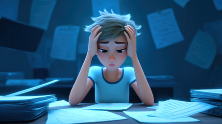 A young individual sits at a cluttered desk surrounded by papers, overwhelmed by stress and anxiety in a dimly lit room. Their expression reflects emotional struggle and exhaustion, capturing a relatable moment of youthful pressure.の素材