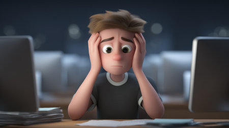 A young boy experiences stress and anxiety as he sits at a computer desk surrounded by papers and monitors. The dimly lit room enhances the emotional weight of his situation.の素材