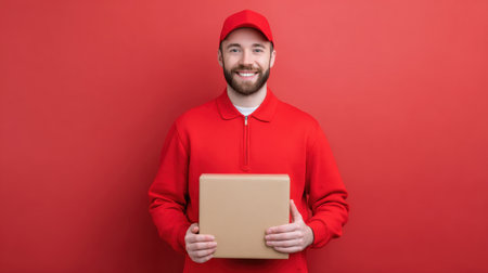 A cheerful delivery person in a bright red uniform holds a package, smiling, against a vibrant red backdrop, showcasing service positivity and professionalism.の素材