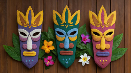 A captivating arrangement of three colorful wooden masks surrounded by vibrant tropical flowers and lush leaves, set against a wooden background.の素材