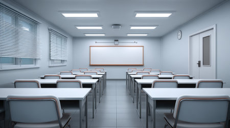 A modern empty classroom featuring rows of desks and chairs, a whiteboard, and bright overhead lighting, creating an inviting learning environment.の素材