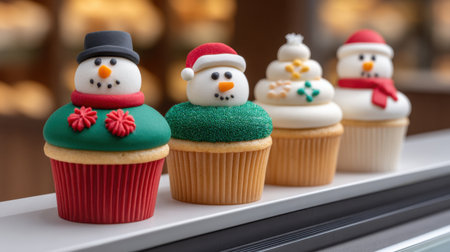 Delight in a beautiful array of Christmas-themed cupcakes featuring adorable snowmen and vibrant decorations, perfect for holiday celebrations.の素材