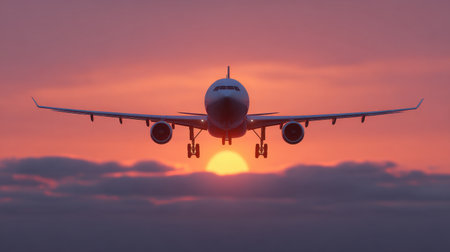 A breathtaking image of an airplane soaring through a vibrant sunset sky, with colorful clouds adding depth to the scene, perfect for travel themes.の素材