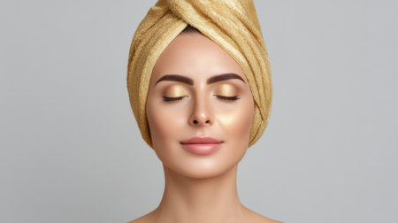 A serene portrait of a woman with a golden headwrap and soft makeup showcasing her natural beauty. The image evokes relaxation and wellness.の素材