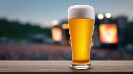 A refreshing glass of beer sits elegantly on a wooden table, offering a perfect beverage choice amidst a lively outdoor concert. Warm golden hues and vibrant foam invite enjoyment and relaxation.の素材
