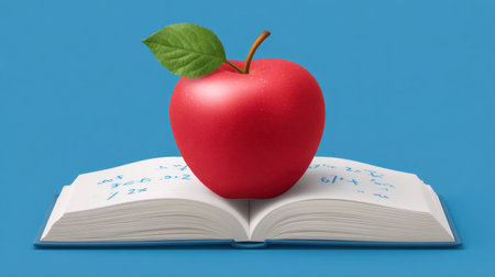 This image features a vibrant red apple placed atop an open book showcasing mathematical notes. The blue background enhances the educational theme, symbolizing learning and knowledge.の素材