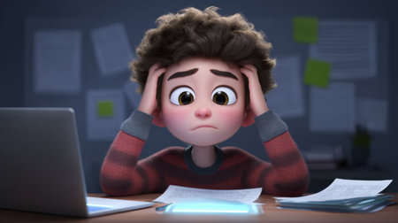 A young boy sits at a desk with a computer, looking stressed as he reviews scattered papers, depicting the challenges of studying and homework in a relatable way.の素材
