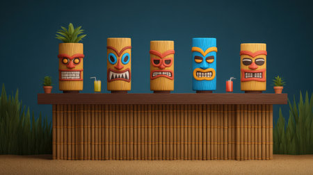 Five vibrant tiki masks stand in a playful arrangement on a bamboo bar, complemented by tropical drinks and lush greenery, creating a festive atmosphere.の素材
