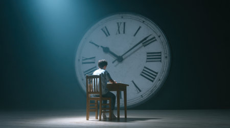 A child sits alone at a desk, illuminated by soft light, with a large clock casting shadows on the wall, symbolizing the passage of time and introspection.の素材