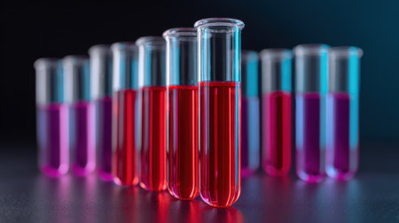 This image features colorful test tubes filled with vibrant liquid solutions in a dark laboratory setting, perfect for educational and scientific contexts.の素材