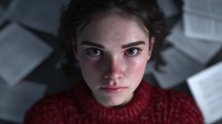A captivating portrait of a young woman with freckles, wearing a red sweater. She gazes intently at the camera amid scattered papers and books, capturing a moment of academic pressure and introspection.の素材