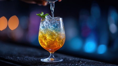 A beautifully presented colorful cocktail featuring ice and a sprig of mint, set against a blurred bar backdrop, ideal for nightlife themes.の素材