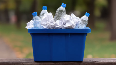 A blue trash bin filled with crumpled paper and plastic water bottles sits in a serene park, highlighting the importance of waste management and environmental stewardship.の素材