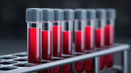 A close-up view of laboratory test tubes filled with red liquid, likely blood samples, displayed on a metal rack, ideal for medical and research themes.の素材