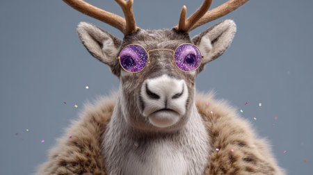 This quirky reindeer brings a joyful twist to the holiday season with stylish glasses and a luxurious fur coat, radiating playful charm and festive cheer.の素材