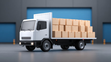 A white delivery truck loaded with stacked boxes awaits loading in an industrial warehouse. Perfect for logistics, transportation, and shipping visuals.の素材