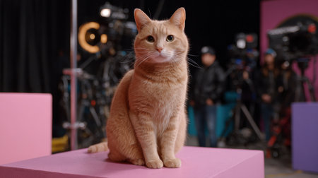 A charming orange cat sits confidently on a pedestal in a professional studio environment, surrounded by filming equipment and crew. The image captures the cat's curious and calm demeanor, making it a perfect illustration for pet photography.の素材