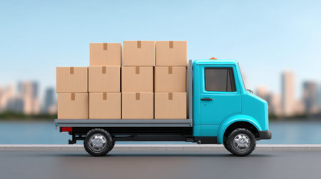 A vibrant blue delivery truck is parked on a city street, loaded with cardboard boxes ready for shipping. The bright daylight enhances the urban atmosphere.の素材