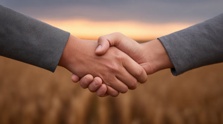 Two hands clasp in a firm handshake against a backdrop of a golden field at sunset, representing mutual agreement and successful collaboration in agriculture.の素材