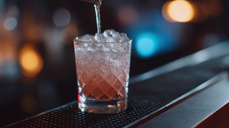 A vibrant cocktail poured over ice captures attention with its bubbles and stylish glass design, perfect for any social gathering at a bar.の素材
