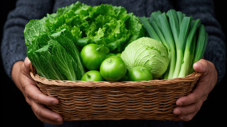 A beautiful assortment of green fruits and vegetables arranged in a wicker basket, showcasing freshness and vitality, perfect for healthy meal preparation.の素材