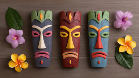 Beautifully crafted wooden masks in vibrant colors placed among tropical flowers and green leaves, showcasing intricate design and cultural significance.の素材